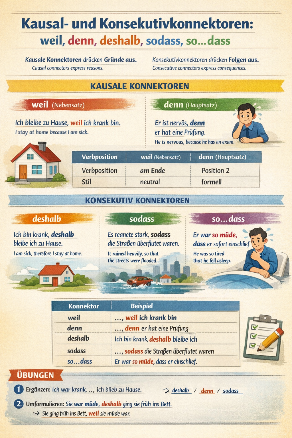 CEFR C1 German Grammar — Kausal- und Konsekutivkonnektoren: weil, denn, deshalb, sodass, so … dass